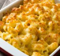 Casserole dish of macaroni and cheese