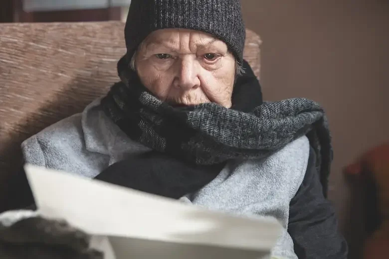 senior adult or pensioner is sitting with winter clothes indoors under a warm blanket, reading a letter or bill, concept energy crisis